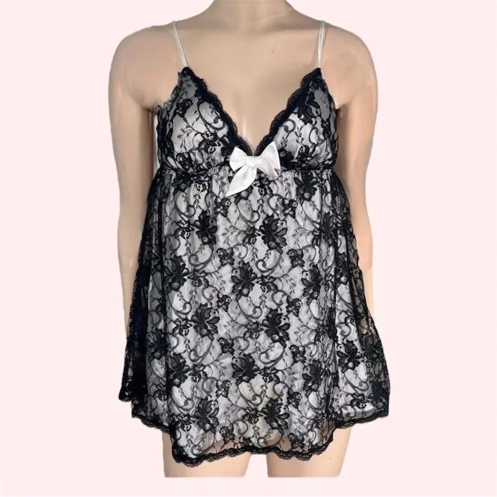 Victorias Secret Babydoll Black Lace & Satin Cami Nightie & Panty Lingerie Set - Picture 3 of 16